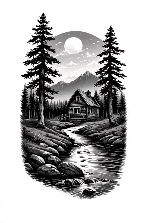 Creek Running Through Hills With Cabin In The Wooded Background