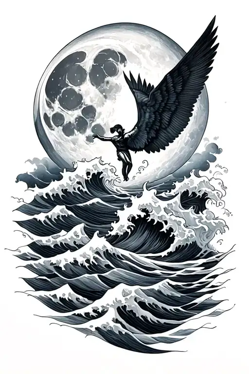 Waves And Moon Half Sleeve With Icarus Falling In The Middle