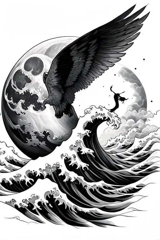 Waves And Moon Half Sleeve With Icarus Falling