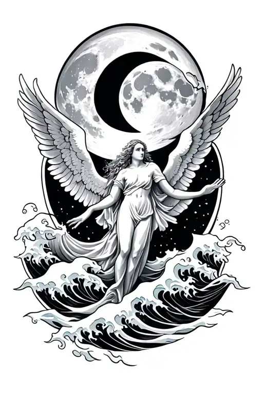 Waves And Moon Half Sleeve With Icarus Falling Angel