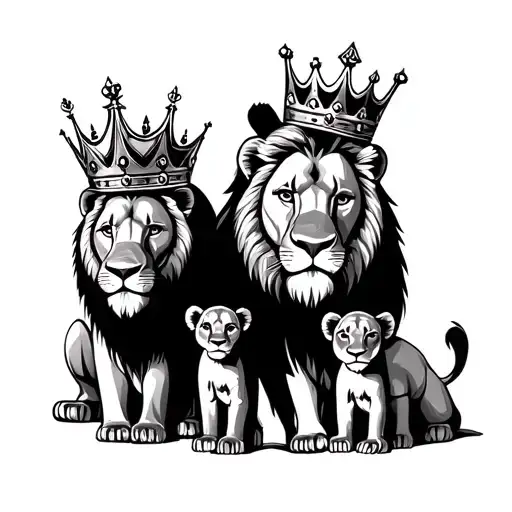 Male And Female Lion Wearing Crowns With 3 Cubs In Front Of Them