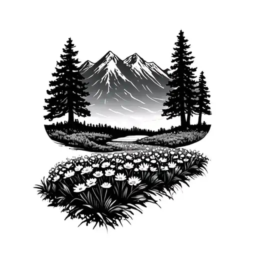 Pacific Northwest Mountains With Wildflower Field