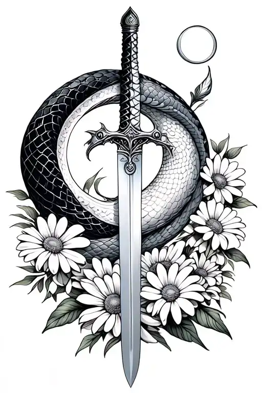 Sword Moon Snake Coiled And Daisies
