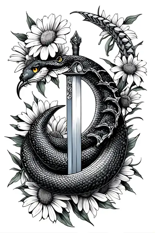 Sword Crescent Moon Snake And Daisies