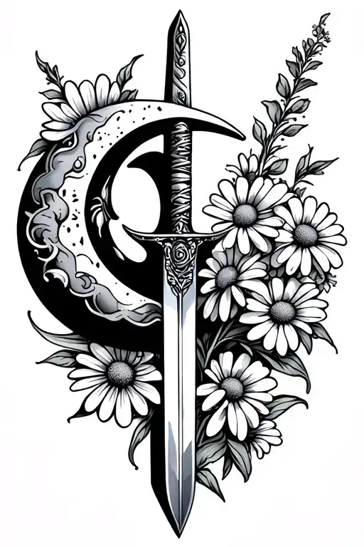Sword Crescent Moon And Daisies