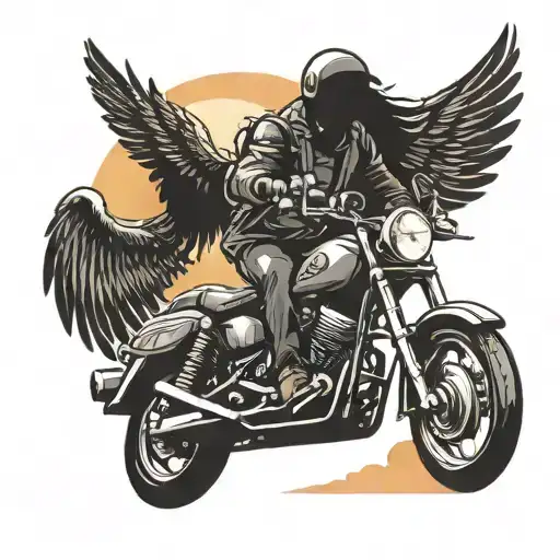 A Silhouette Of A Motorcyclist Riding Towards The Sunset With Angel Wings On Their Back