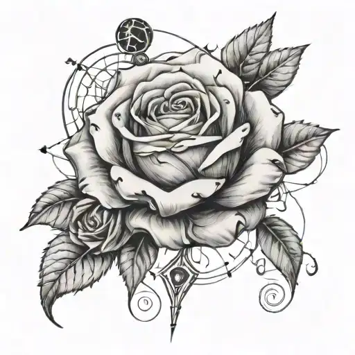 A Detailed Sketch Of A Rose Intertwined With Planetary Symbols And Constellations