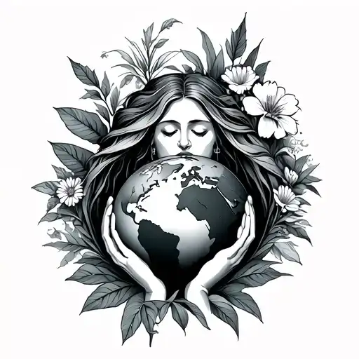 Crying Mother Nature Holding Globe Surrounded By Plants And Flowers