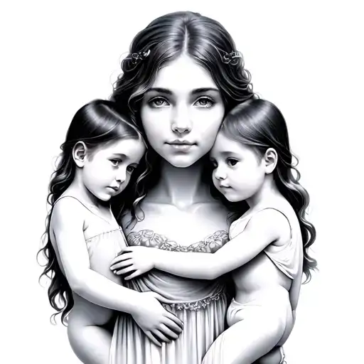 Mother And Two Children In Her Arms