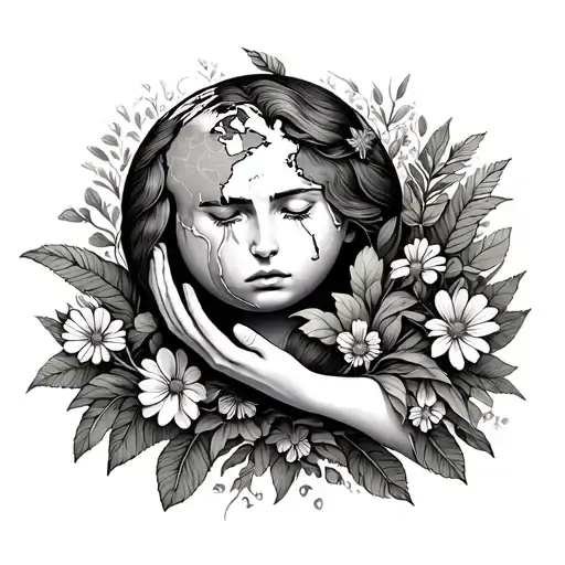 Crying Mother Nature Holding Globe Surrounded By Plants And Flowers