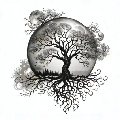 Life Of Tree With Sun And Moon Merging Together