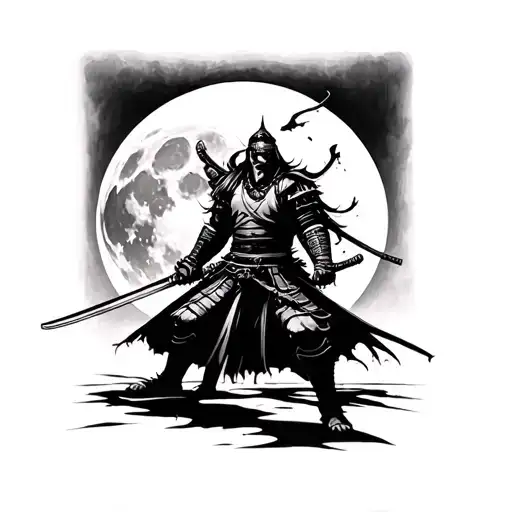 Samurai Warrior Wielding A Sword And Blood Moon