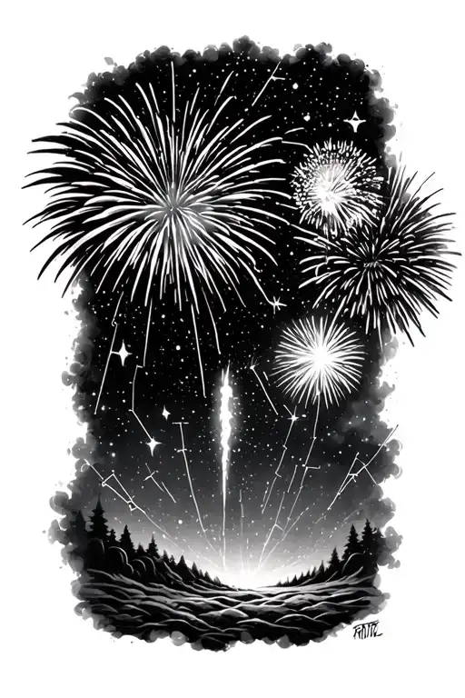 Fireworks Exploding In The Night Sky Filled With Constellations