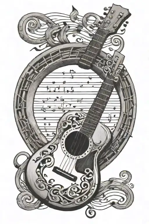 Horseshoe With Guitar Inside Of It Some Musical Notes Coming Out