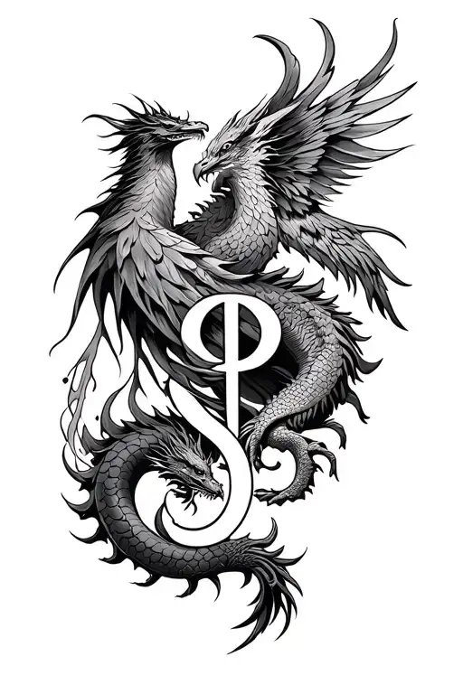 Pisces Sign And A Dragon And A Phoenix Bird Half Sleeve Design