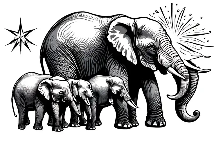 A Family Of Elephants Following A Star