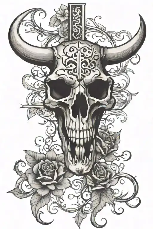 Bull Skull With Vines And A Cross Surrounded