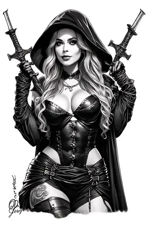 Sydney Sweeney In A Reaper Costume Black And White Pin Up Style Tattoo Showing Cleavage