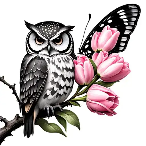 Pink Tulips Butterfly Owl On Branches And Leaves