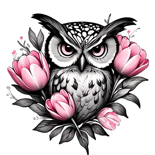 Pink Tulips Butterfly Owl On Branches And Leaves On Spine With Thin Lines