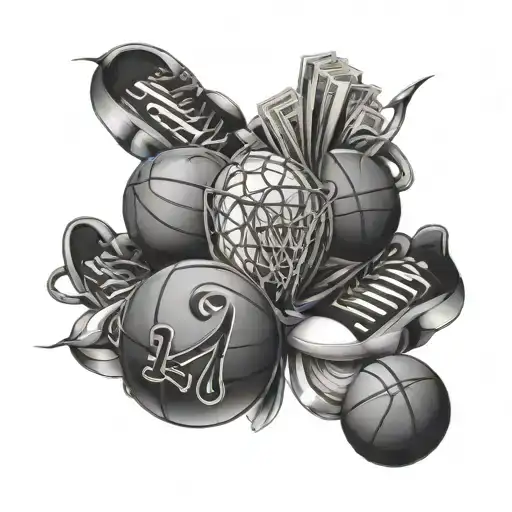 A Stack Of Money With Basketballs And Music Notes Intertwined Throughout