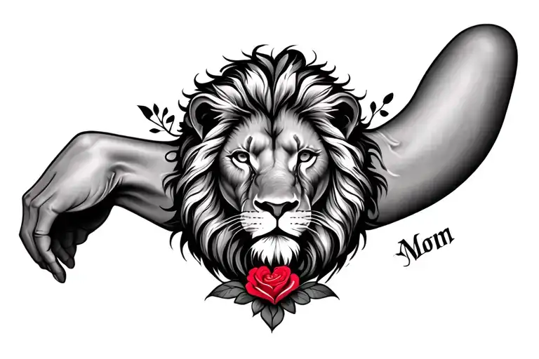 A Lion Tattoo On Arm With A Rose On The Bottom And A Heart With The Text Mom In The Heart