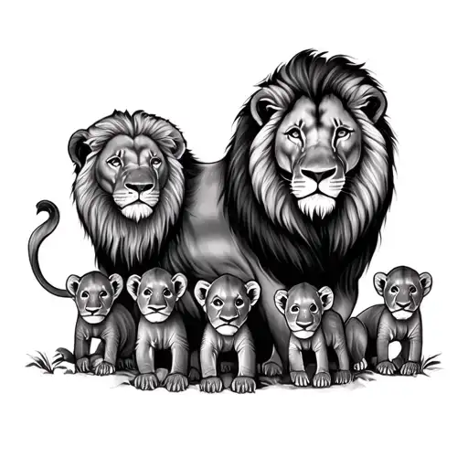 Lion And Five Cubs