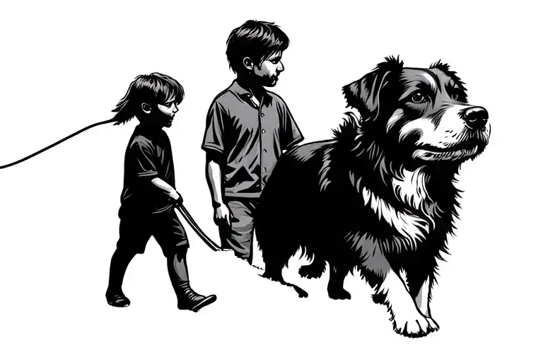 Father And Son Walking Their Dog