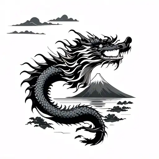 Japanese Dragon With Mount Fuji And Sunset