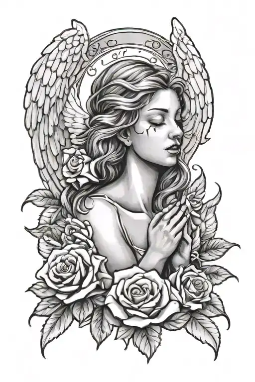 Angel Praying And Crying With Roses