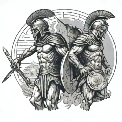 Ancient Greek Warriors With Ancient Ruins In Background