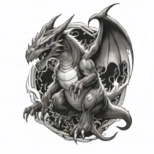 A Realistic Black And Grey Tattoo Of A Charizard In A Fierce Battle Pose