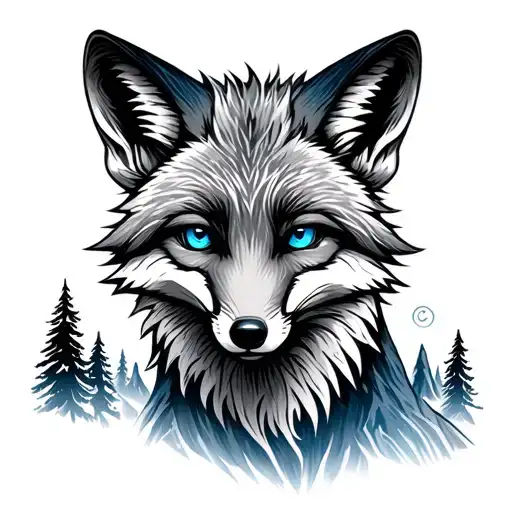 Fox With Blue Eyes In A Mountain Scene