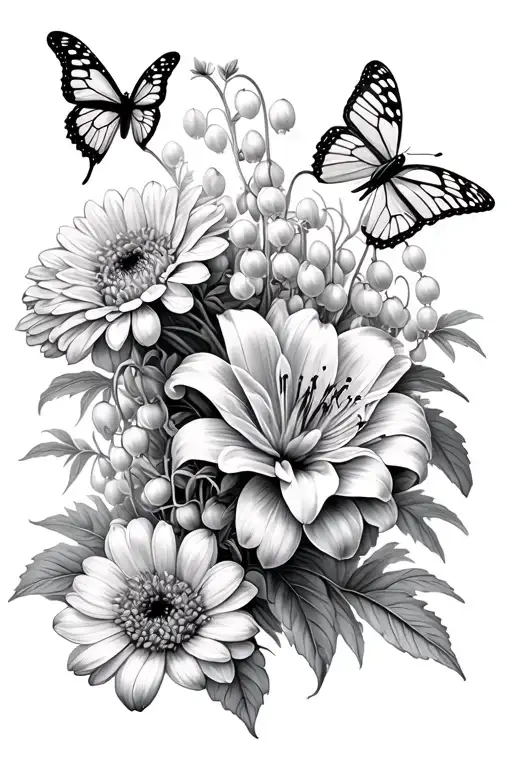 Chrysanthemum And Lily Of The Valley With Butterflies