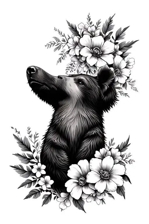 Grizzly Bear And Flowers Intertwined