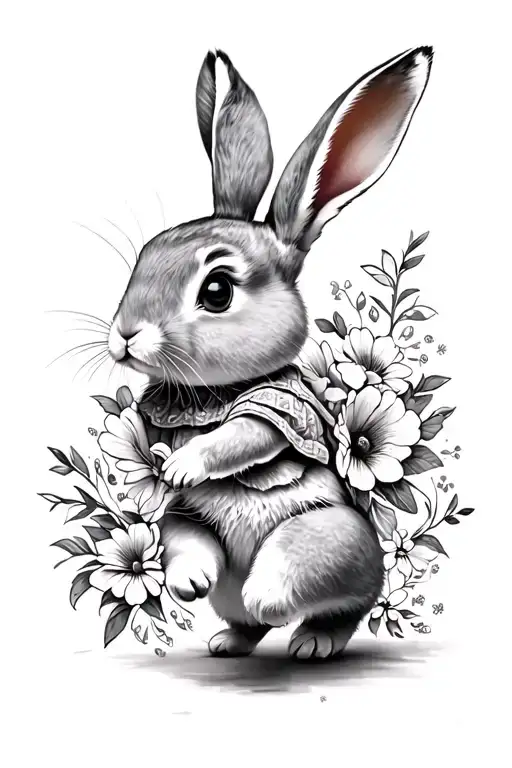 Girly Bunny Running Tattoo With Flowers