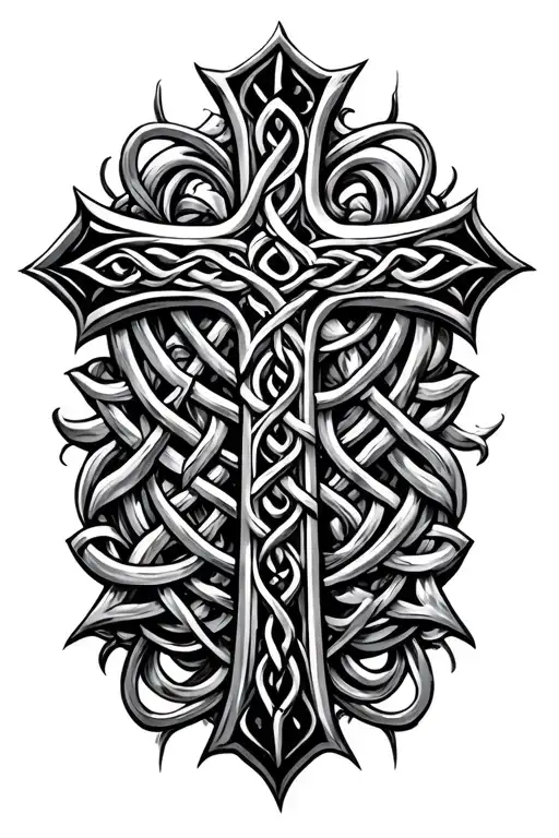 Broken Celtic Cross Surrounded By Scroll