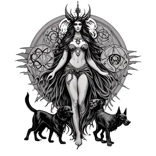 Hecate Goddess With Her Sigils And Her Dogs Incorporated