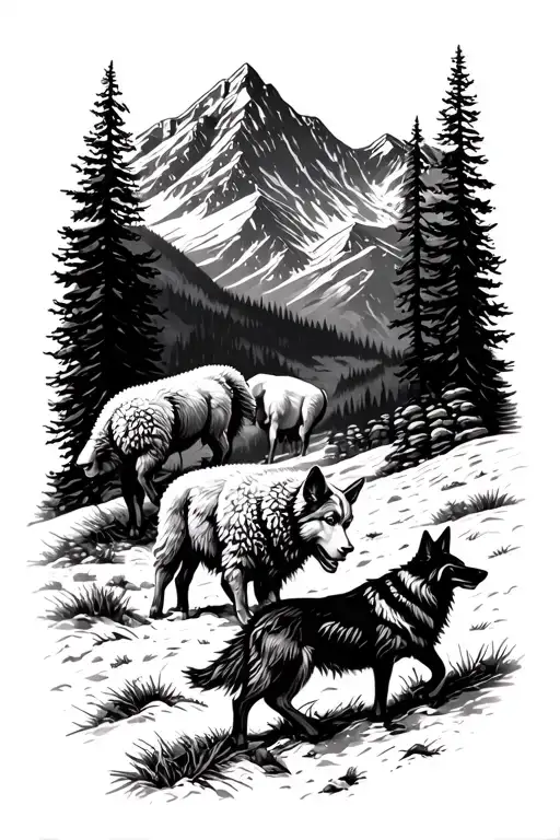 Rustic Mountain Scene With Sheep Grazing And A German Sheppard Fighting A Wolfe
