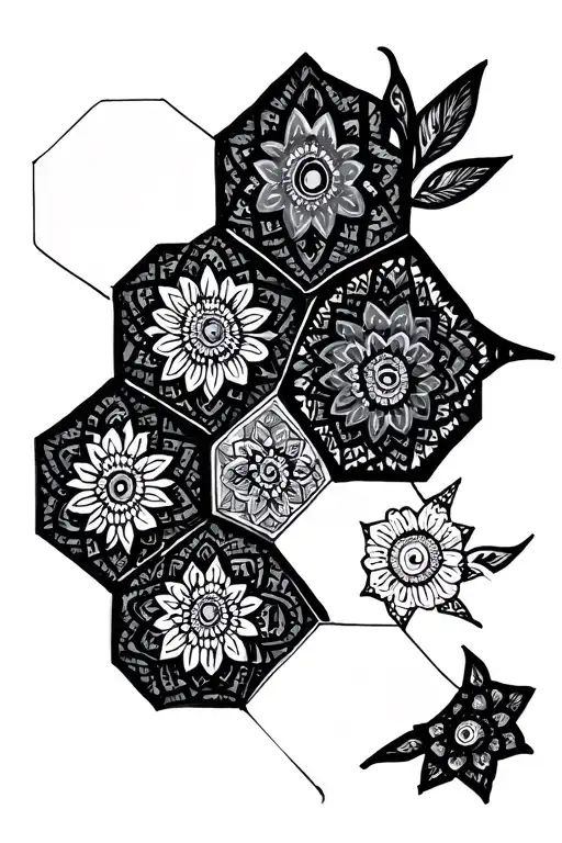 Mandala Hexagons Black Linework