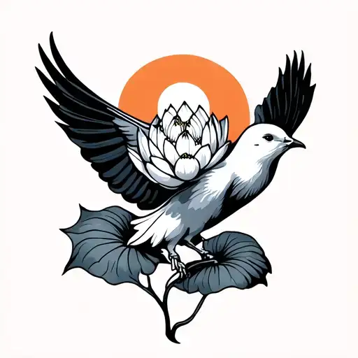 Dove Flying Towards The Sunset Holding A Lotus Flower