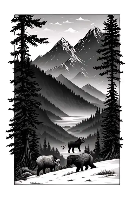 Forest & Moutains With Animals Peeking