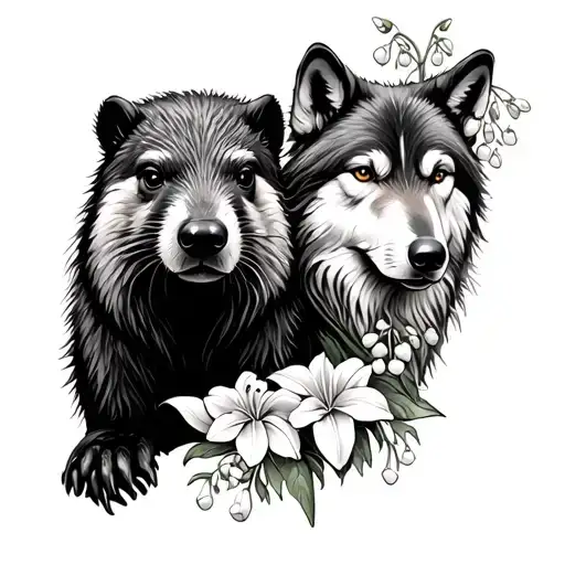 Beaver And Wolf Together With Violets And Lily Of The Valley