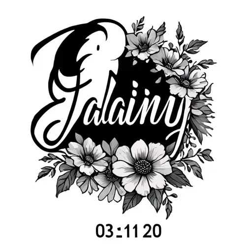Hello Tattoo On The Arm With The Name Jalainy And The Date 03-11-20 With Flowers And Design