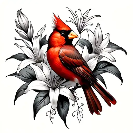 Cardinal Bird With Italian Lily