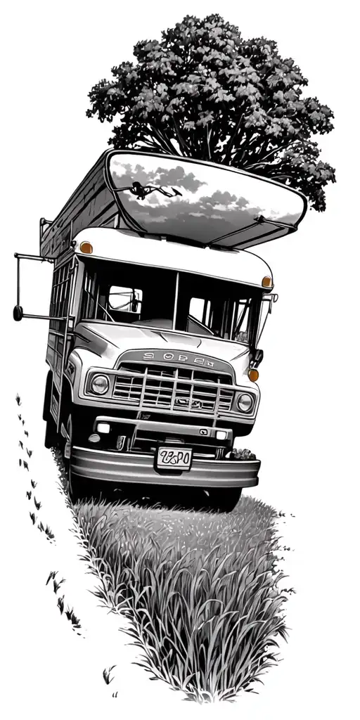 School Bus On A Farm With 48 Ford Pickup