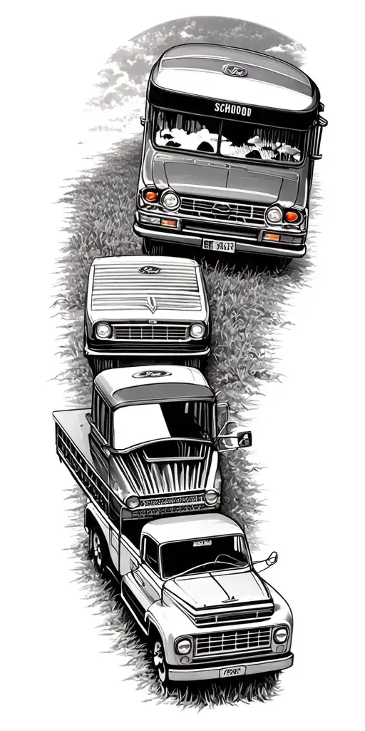 School Bus On A Farm With 48 Ford Pickup Truck Parked In Front