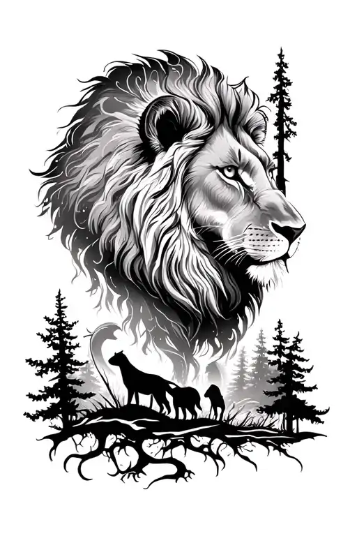 Forest And Lion Silhouette In The Background And Put Animals With Meaning In The Forest