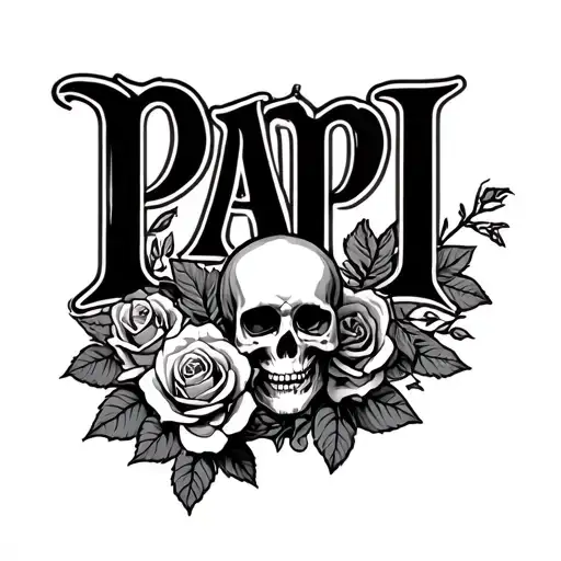 The Word Papi On Upper Arm With Skull And Roses And Emporer Nero