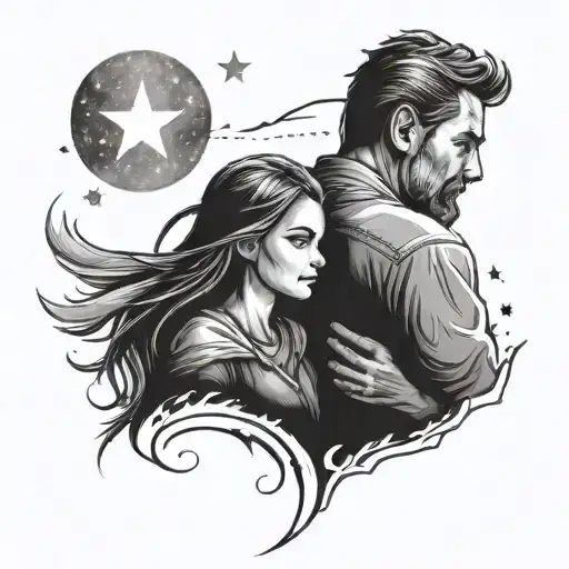 Father And Daughter Loking Up At The Stars